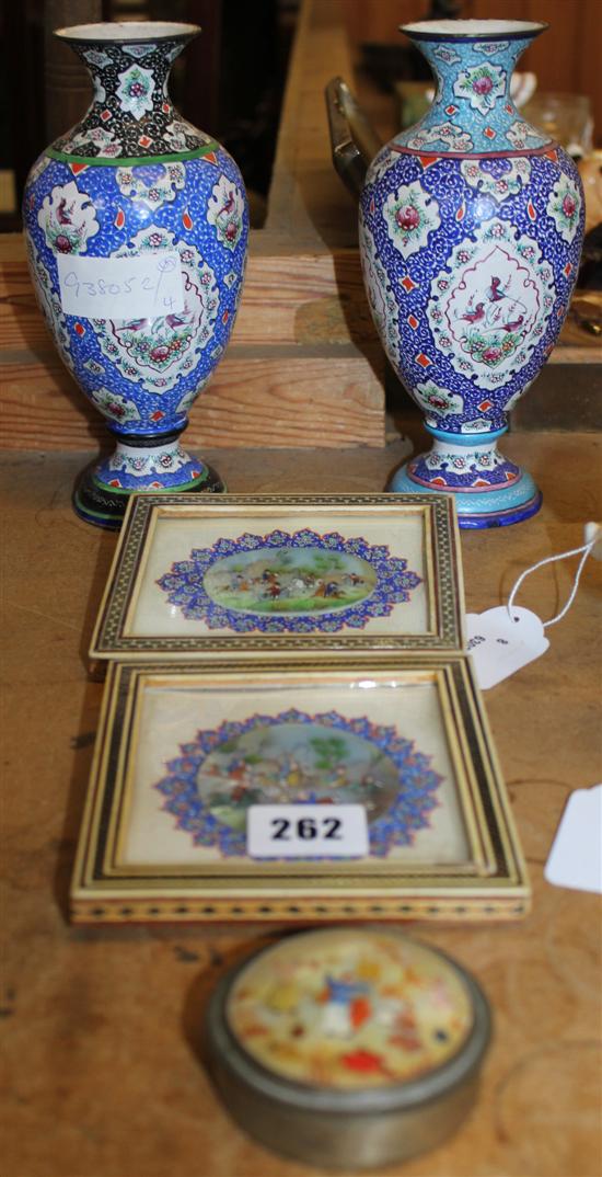 Pair Persian enamelware vases, pr framed paintings and a MOP painted box